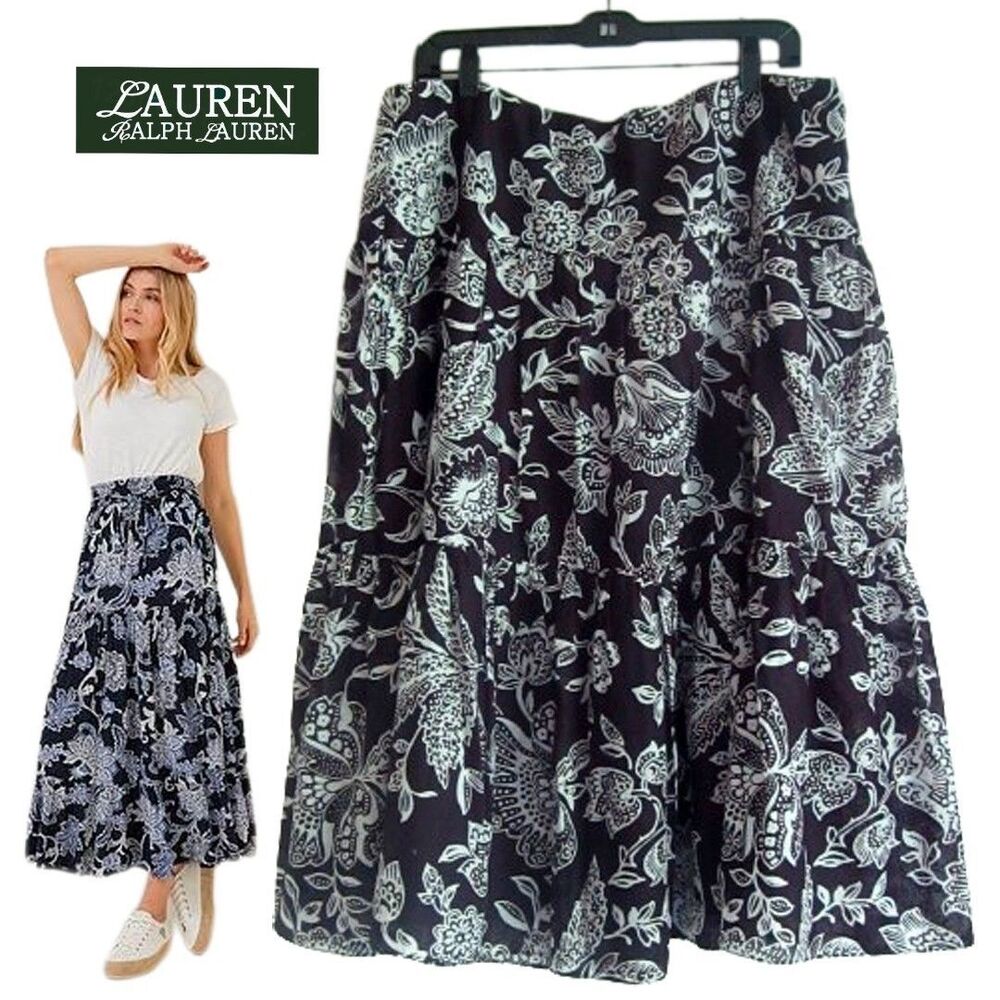 Lauren Ralph Lauren NEW Bohemian Floral-Paisley Cotton Tiered Midi Full Skirt XL